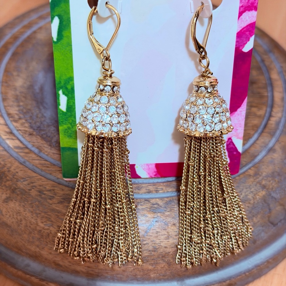 Lilly Pulitzer Earrings Gold Chain Tassel Crystal Earrings Pierced - Picture 7 of 7